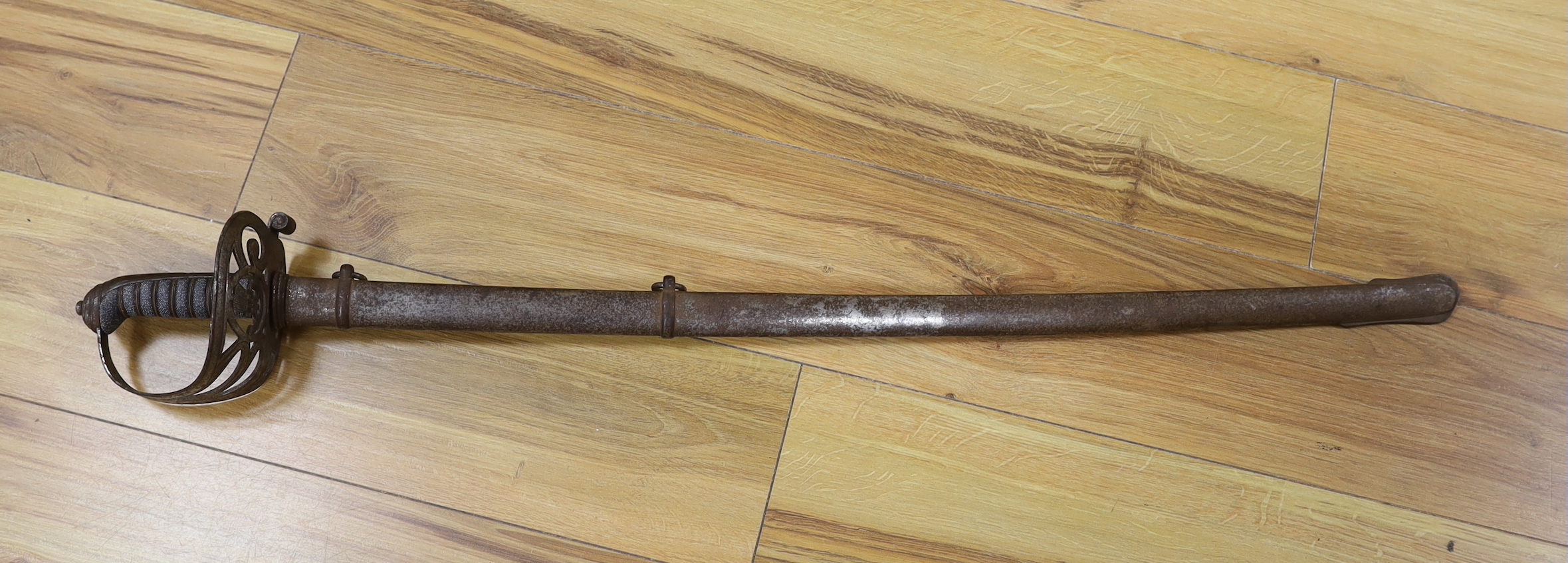 A 19th century shagreen handled and basket hilt, Recon Rifles officer's dress sword, 99cm long